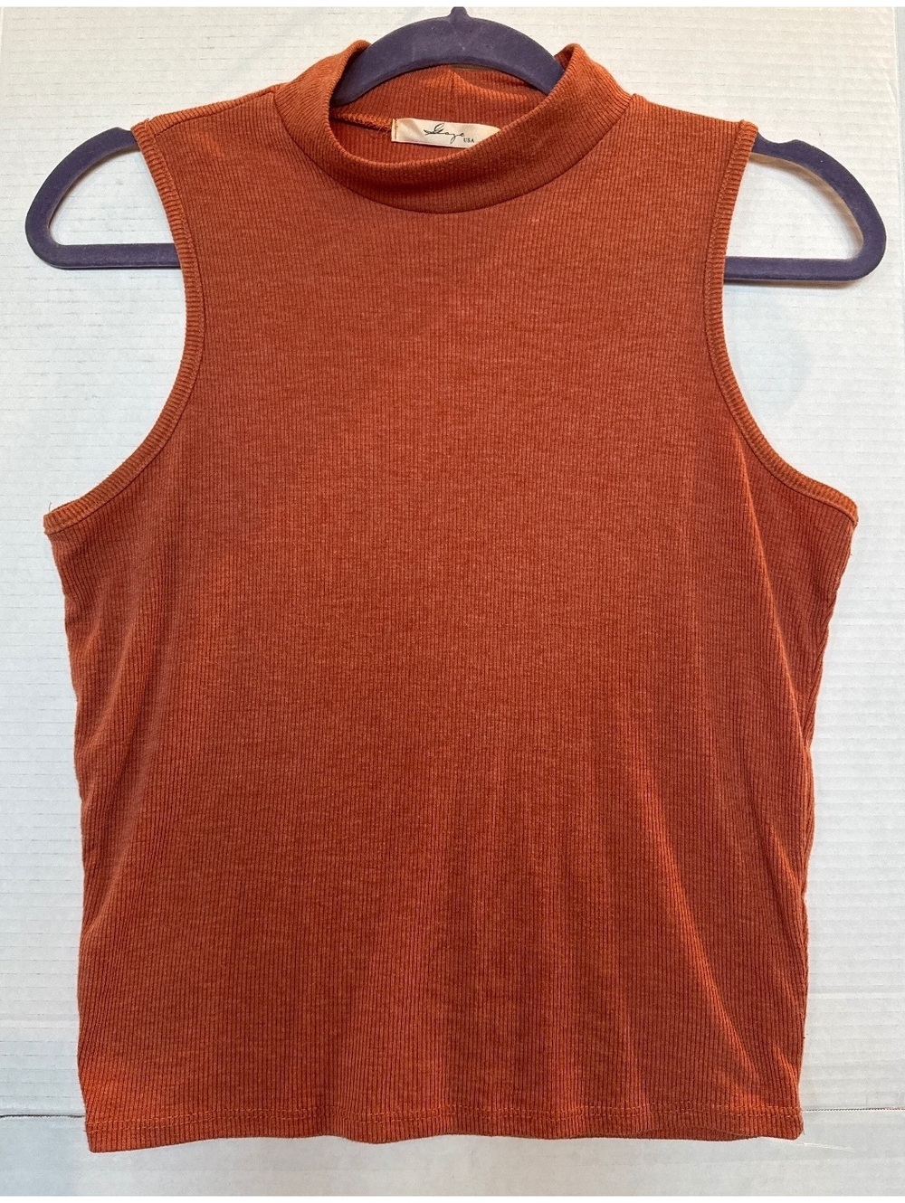 Gaze USA Sleeveless Ribbed Mock Neck Top in Rust Orange